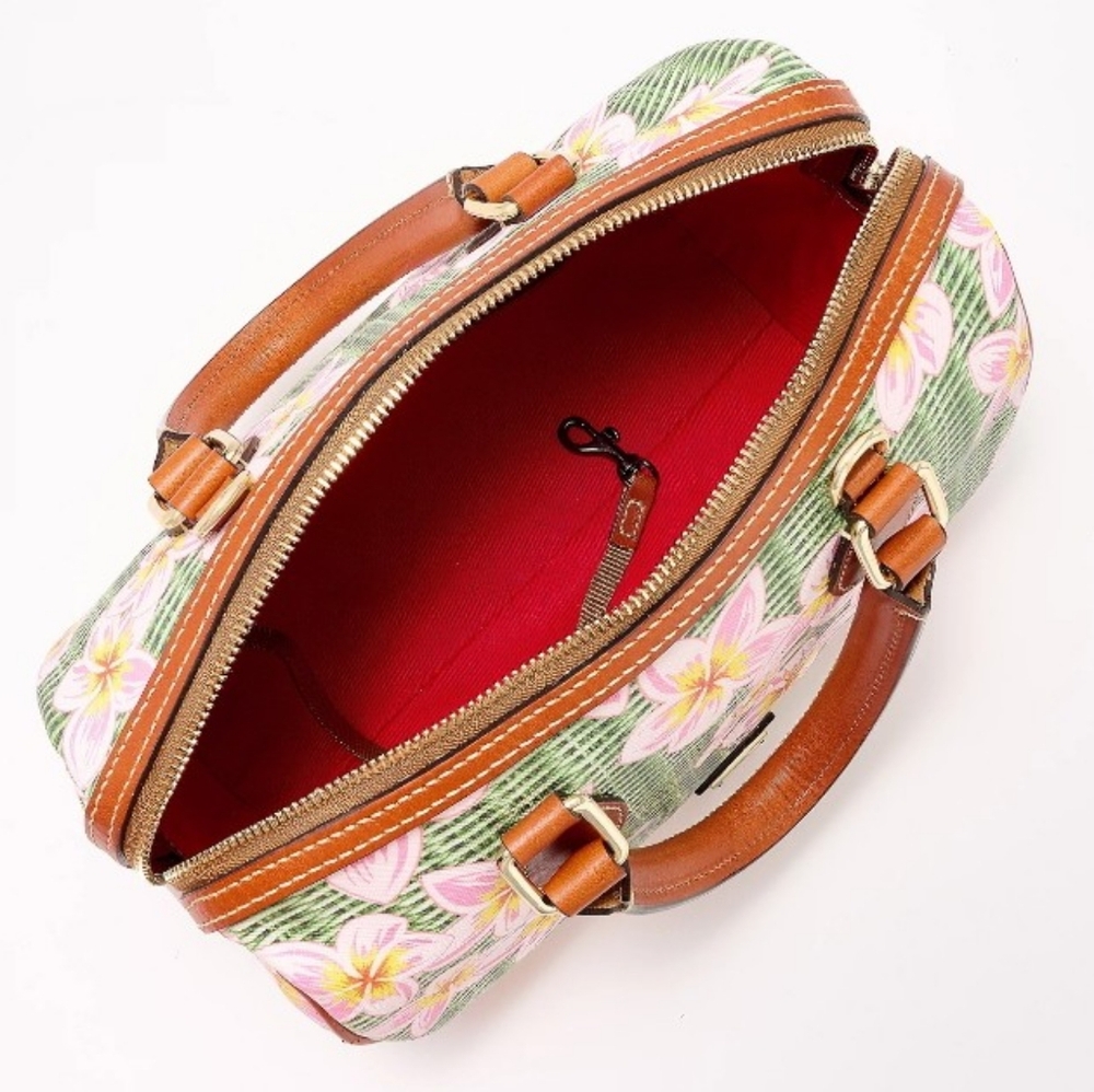 Dooney & Bourke Coated Cotton Plumeria Barrel Satchel, Pink/Green - Picture 3 of 16